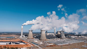 průmyslová elektrárna, kouř vlající, tovární komíny, letecký snímek, Gruzie, chladicí věže, průmyslový kouř, kouř z elektrárny, průmyslové krajiny, zásah do životního prostředí, emise továrny