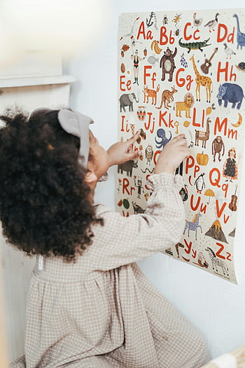 girl reading, English alphabet, colorful alphabet poster, young girl, home, learning, education, child, interactive, letters, animals