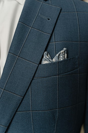 modrý kontrolovaný oblek, Elegantní sako, kapesní čtverec, jemné krejčovství, detailní oblek, Blue Plaid Textile, Pánská móda, formální oblečení, detaily obleku, Na míru na míru, Kostkovaný vzor