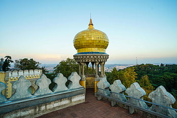 golden-domed turret, Pena Palace, Sintra Portugal, Moorish revival architecture, dome building, trees, wall, Sintra, Portugal, turret, architecture
