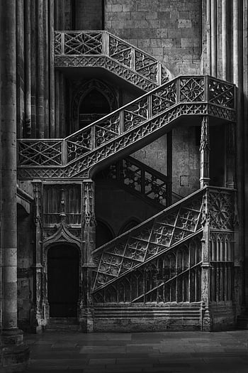 black and white, spiral staircase, Gothic style, Rouen Cathedral, France, church stairs, architectural details, monochrome image, historic building, religious architecture, spiral steps