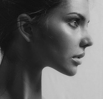 black and white, side profile, woman portrait, elegance, striking, monochrome, female, profile view, artistic, high contrast, monochromatic