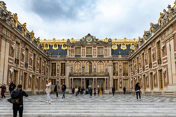 palác versailles, barokní architektura, zdobené fasády, lidí, kteří jdou, nádherný výhled, historické budovy, Francouzský orientační bod, královský palác, evropské architektury, turistická atrakce, kulturní dědictví