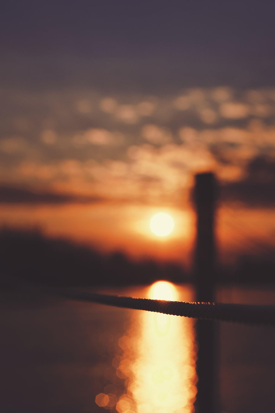 sunset, lake, rope, silhouette, sunrise, sun, sunlight, sunbeam, water, nature, blur