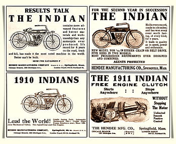 indisches Motorrad, Vintage-Werbung, 1910 Indianer, 1911 Inder, Kostenlose Motorkupplung, Hendee Manufacturing Company, Springfield Messe, Motorradmerkmale, Ergebnisse sprechen, Wirkstoffe geschützt, Führe die Welt