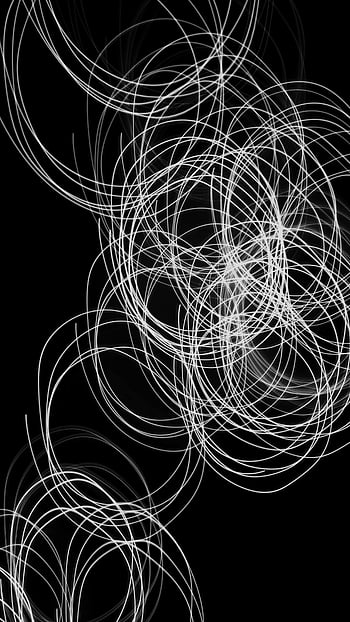 abstract art, black background, white circles, chaotic design, intersecting lines, minimalist art, modern art, digital art, abstract pattern, black and white, light circles