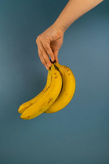 mână ținând banane, banane coapte, Fundal albastru, Banane apropiate, banane gustoase, buchet de banane, banane galbene, fructe fotografie, alimente fotografice, o gustare sănătoasă, banana de banane