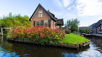 Giethoorn, Olanda, canale, cittadina, edifici, case, vecchie case, corso d'acqua, Vecchia casa senza strada, vecchia casa, ponte
