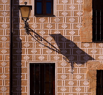 building, wall, flowers, pattern, shadow, lamp, window, door, architecture, texture, design