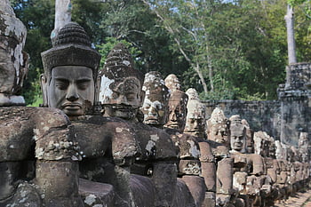 Angkor Thom, statue di pietra invecchiata, statue di buddha, statue di pietra antichi, siem raccogliere, file di statue, ingresso di Angkor Thom, statue storiche, Buddha di pietra, architettura antica, Cambogia