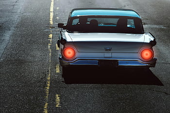gray vehicle, vintage car, bright tail lights, empty road, rear view, driving, classic car, automotive, road trip, transportation, travel