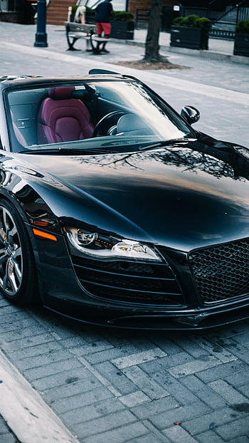 Sort Audi, luksus sportsvogn, byens gade, Moderne bildesign, Urban baggrund, slank bil, parkeret bil, audi bil, sportsbildesign, bymæssige omgivelser, bilfotografering