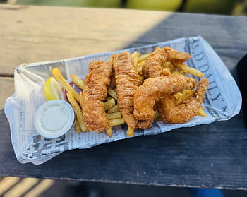 fort bragg, california, sjømat, fritert mat, lunsj, Rock Cod, reke, chips, mendocino fylke, usa, Amerika