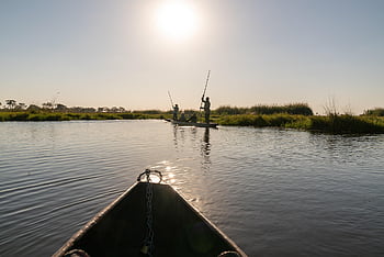kánoe, rybáři, jezero, pobřeží, západ slunce, botswana, Afrika, okavango delta, voda, Příroda, národní park