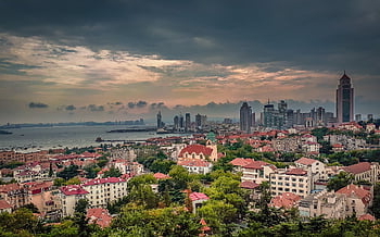 panoráma města, budov, mrakodrapy, město, městský, obytných budov, kancelářské budovy, žluté moře, qingdao, Čína, Čínská lidová republika