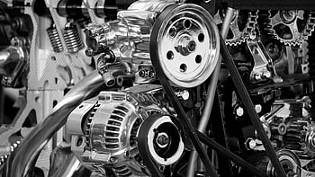 greyscale photography, car engine, close-up, shiny engine, polished metal, gears, black and white, automotive parts, mechanical components, engine details, monochrome image