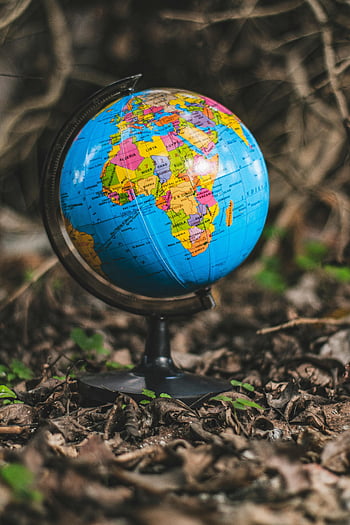 desk globe, foglie secche marroni, globo luminoso, in mostra l'Africa, all'aperto, Esplorazione globale, geografia, globo colorato, impostazione della natura, Modello di terra, display esterno