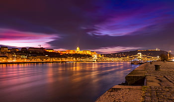 budapešť, řetězový most, řeka Dunaj, noční výhled, světla města, pohled, říční město, noční dobu, městské krajiny, Evropské město, most odraz