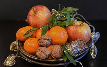Obst, Nüsse, Stillleben, Lebensmittel, Mandarinen, Apfel, Walnüsse, organisch, produzieren, gesund, Ernährung