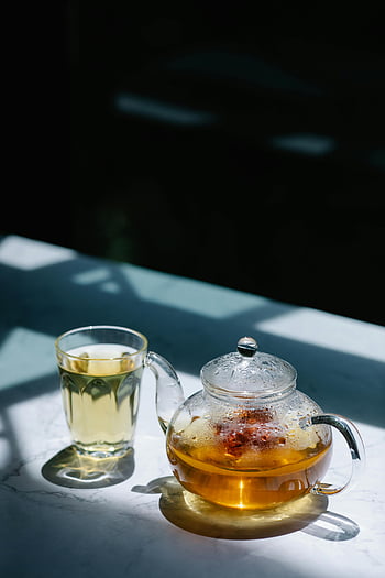 glastepot, örtte, glas kopp, Naturligt solljus, klart glas, teservis, Dags för te, varmt te, te dricka, tesmoment, teinställning
