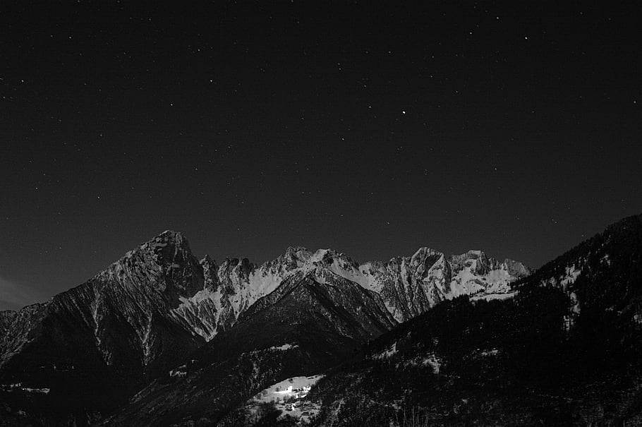 mountain, stars, night, sky, night Sky, hill, nature, snow, scenario, winter, landscape