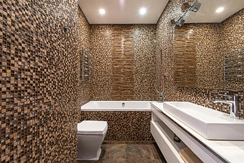moderní koupelna, Mozaické dlážděné stěny, Stylová vana, Současná příslušenství, Elegantní interiér koupelny, mozaikové dlaždice, dřez, vana, moderní příslušenství, kachlové stěny