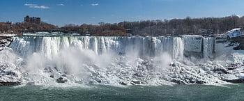 winter, waterfall, nature, snow, water, cold, daytime, frozen, ice, trees, horizon