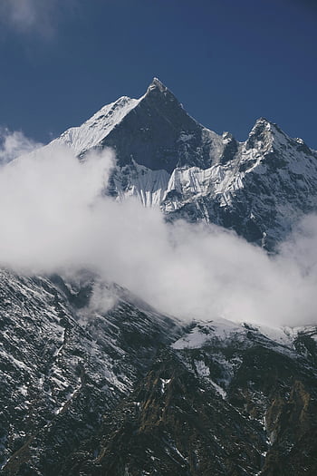 montagna coperta di neve, Annapurna Mountain Peak, Himalaya, Nepal, nuvole, vista panoramica, vista incredibile, Picco coperto di neve, paesaggio di montagna, scenario invernale, alta altitudine