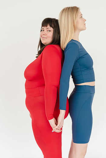 sporty women, different body types, activewear, embracing diversity, contrasting body types, back to back, plus size, fitness fashion, body positivity, women's health, active lifestyle