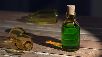 green liquid, clear glass bottle, cork, amber bottles, dramatic shadows, close-up, wooden surface, green glass, lying bottles, bottle shadows, corked bottle