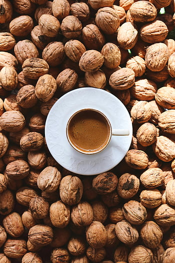 tasse à café, fond de noyer, thème rustique, lit de noix, soucoupe blanche, boisson au café, cadre naturel, noix brunes, café et noix, vue aérienne, atmosphère confortable