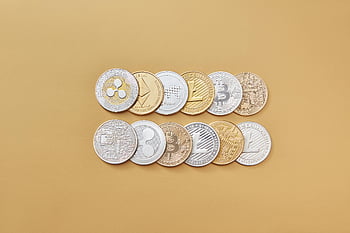 digital cryptocurrency coins, Bitcoin, Ethereum, silver coins, gold coins, round coins, gold backdrop, crypto coins, digital coins, stylish backdrop, digital assets