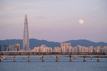 budov, Han řeka, měsíc, záře, město, architektura, lote věž, Soul, Korea, Korejská republika