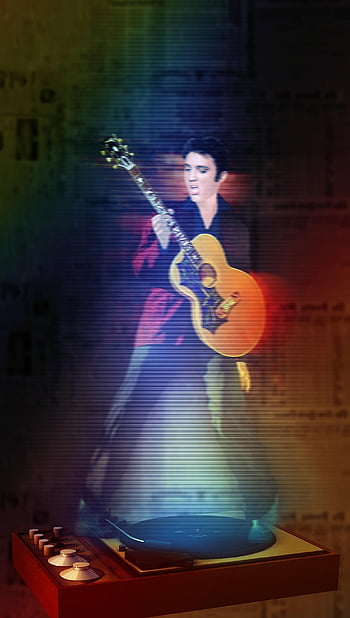 grafica vettoriale, ologramma, chitarra, giradischi, musica, cappotto, giacca, camicia, scarpe blu, fantasia, rock n roll