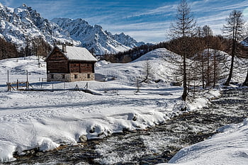 cabina, fiume, inverno, la neve, foresta, alberi, natura, montagna, paesaggio, cabine, villaggio