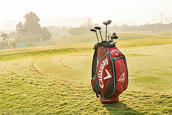 golf equipment, grassy field, golf bag, golf clubs, sunny golf course, green grass, serene golf course, golf course scenery, golf club set, golf bag design, outdoor golf scene