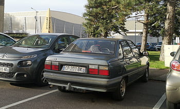 Renault, 21, car, parking, license plate, trees, building, gymnasium, verriere, gray, vehicle