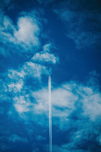 aereo, contrail, cielo blu, nuvole leggere, volo, aviazione, vista cielo, viaggio, Jet, alta altitudine