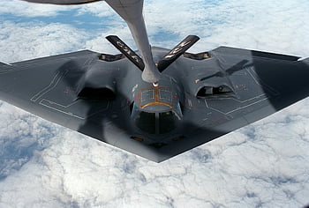 stealth bomber, aerial refueling, mid-flight, clouds, fighter drone, military aircraft, gray aircraft, white clouds, air force, refueling operation, bomber plane
