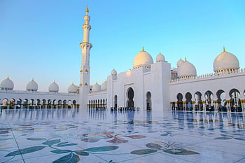 mešita šejka zayeda, Abu Dhabi, bílá mešita, jasné modré nebe, Kultovní mešita, Fasáda mešity, islámské architektury, Památky SAE, velká mešita, minaret, kopule