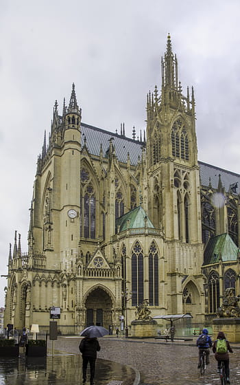 cathedral, tower, gothic, stained glass, rain, Metz, France, Europe, architecture, statues, clock