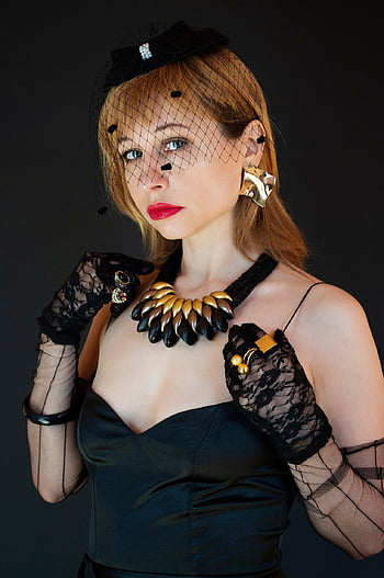 woman, veil, black Dress, gold With Black, veil On The Face, jewelry, lace, gloves, hat With Veil, lady, fashion