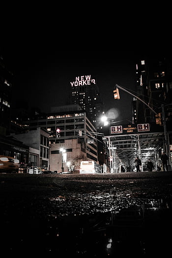New Yorker sign, night, urban, evening, illuminated, city lights, New Yorker Hotel, street scene, cityscape, New York, nightlife