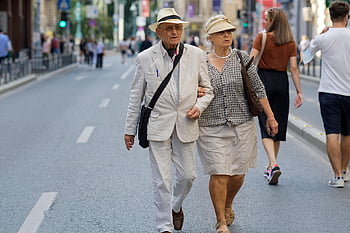 elderly Couple, walking, city, street, city Life
