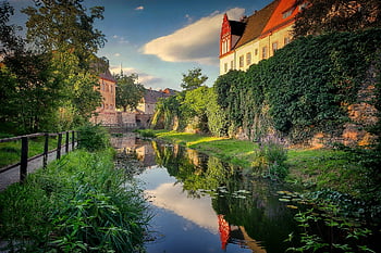 hrad, hradní příkop, voda, architektura, fantazie, středověk, mystický, zeď, budova, pevnost, krajina