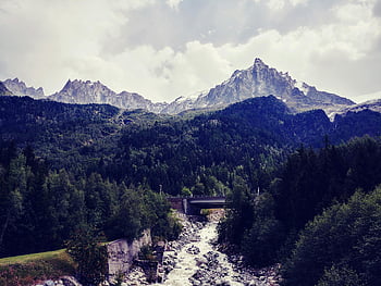 Haute-Savoie, France, mountain landscape, scenic landscape, bridge, river, trees, mountains, natural scenery, outdoor photography, French Alps