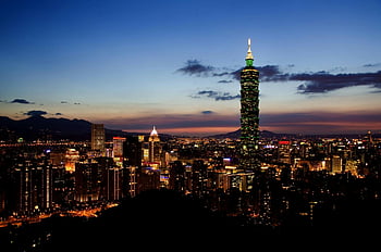taipei 101, paesaggio urbano, ore notturne, illuminato, fascino urbano, luci vibranti, crepuscolo, orizzonte, grattacieli, edifici della città, Taiwan