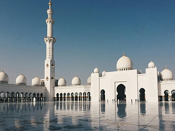 mešita šejka zayeda, Abu Dhabi, minarety, kopule, jasné modré nebe, během dne, nádherný výhled, islámské architektury, bílá mešita, Spojené arabské emiráty, střední východ