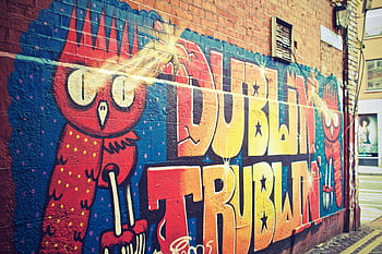 Graffiti, Schindelwand, bunte Graffiti, Eulenkunst, Dublin Trublin, Stadtmauer, Straßenkunst, städtische Kunst, Wandgemälde, öffentliche Kunst, Wandkunst