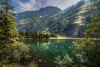 jezero, hory, stromy, Salzburg, Klidná krajina, reflexní jezero, během dne, Scénická fotka, Příroda, venkovní, alpské scenérie